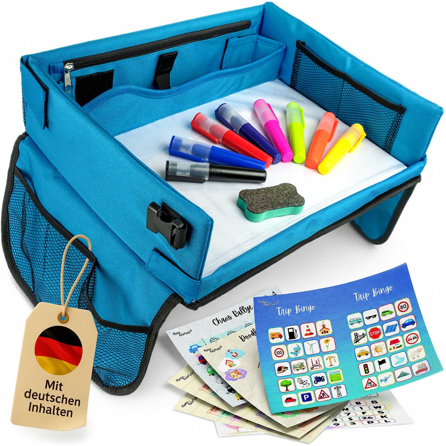 Kinder Reisetisch – Stabiles Knietablett für Auto & Flugzeug mit Tablet-Halterung & Spielvorlagen