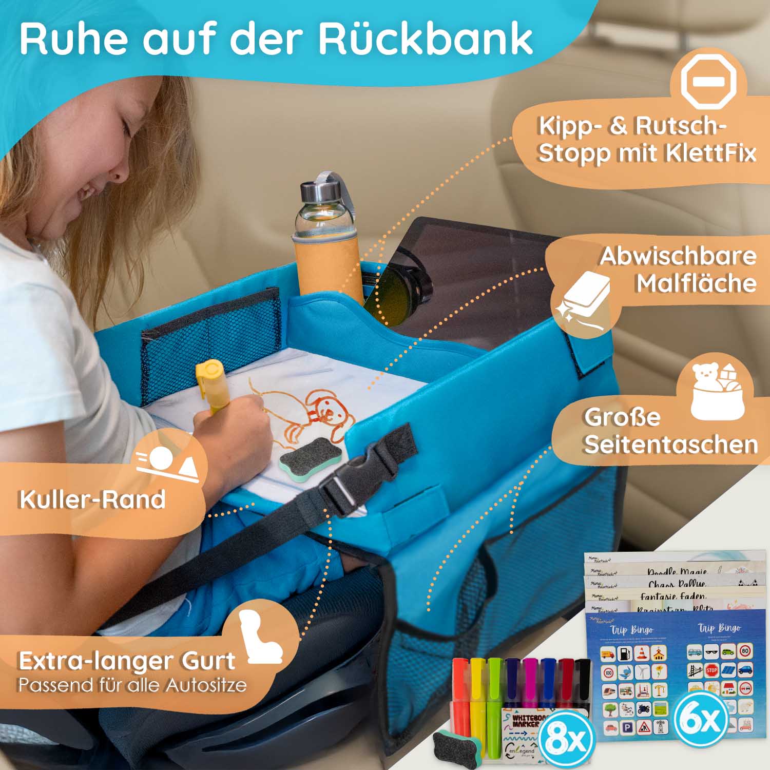 Kinder Reisetisch – Stabiles Knietablett für Auto & Flugzeug mit Tablet-Halterung & Spielvorlagen
