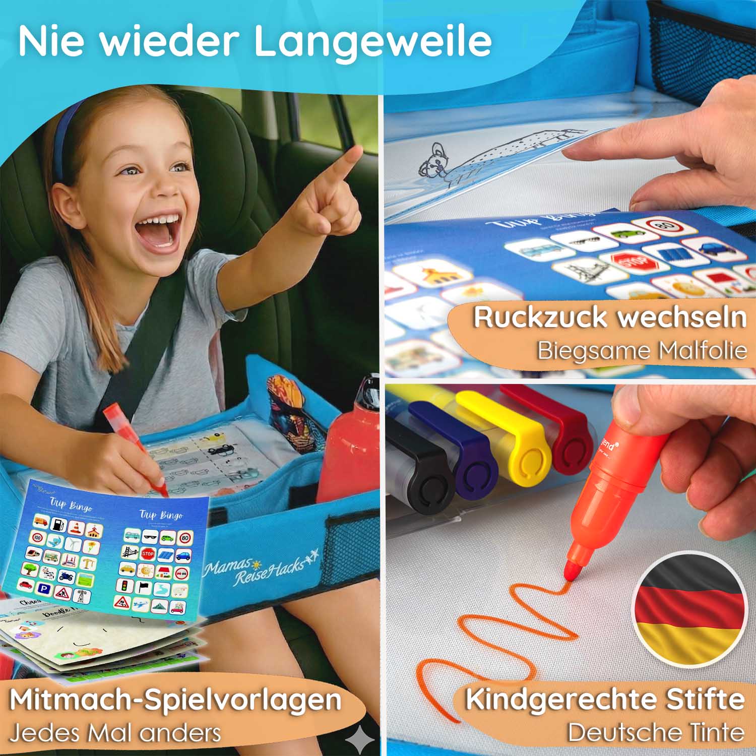 Kinder Reisetisch – Stabiles Knietablett für Auto & Flugzeug mit Tablet-Halterung & Spielvorlagen