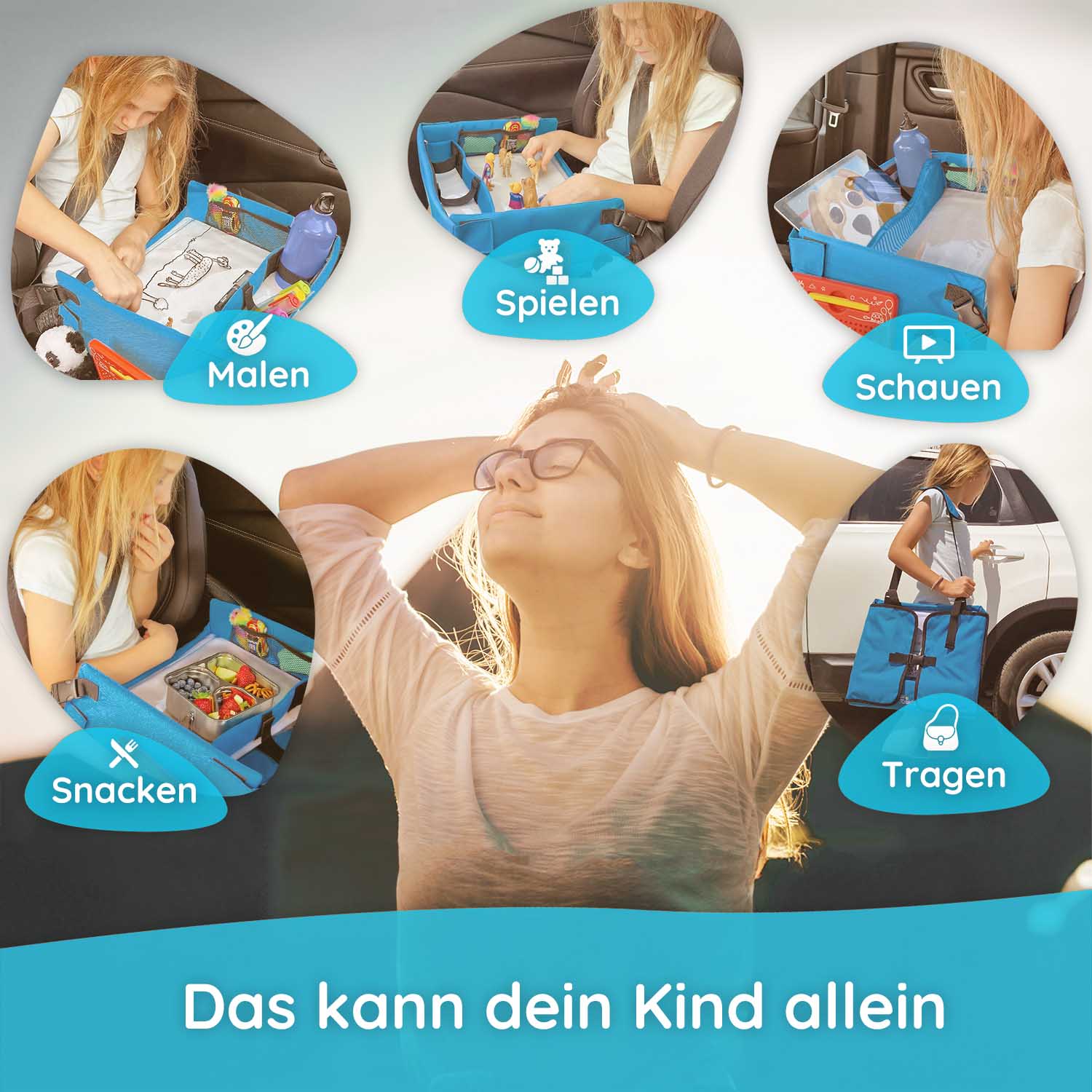Kinder Reisetisch – Stabiles Knietablett für Auto & Flugzeug mit Tablet-Halterung & Spielvorlagen