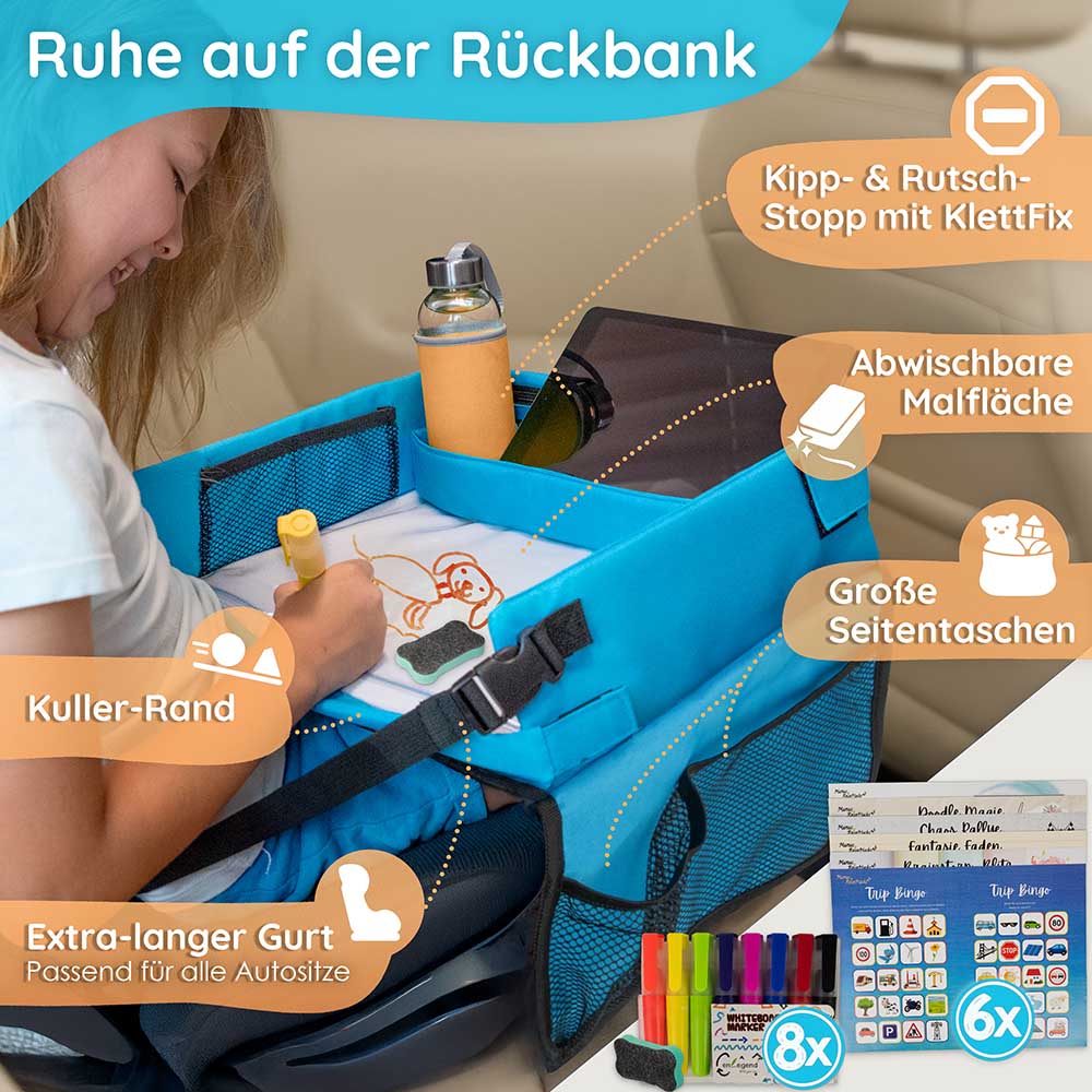 Kinder Reisetisch – Stabiles Knietablett für Auto & Flugzeug mit Tablet-Halterung & Spielvorlagen