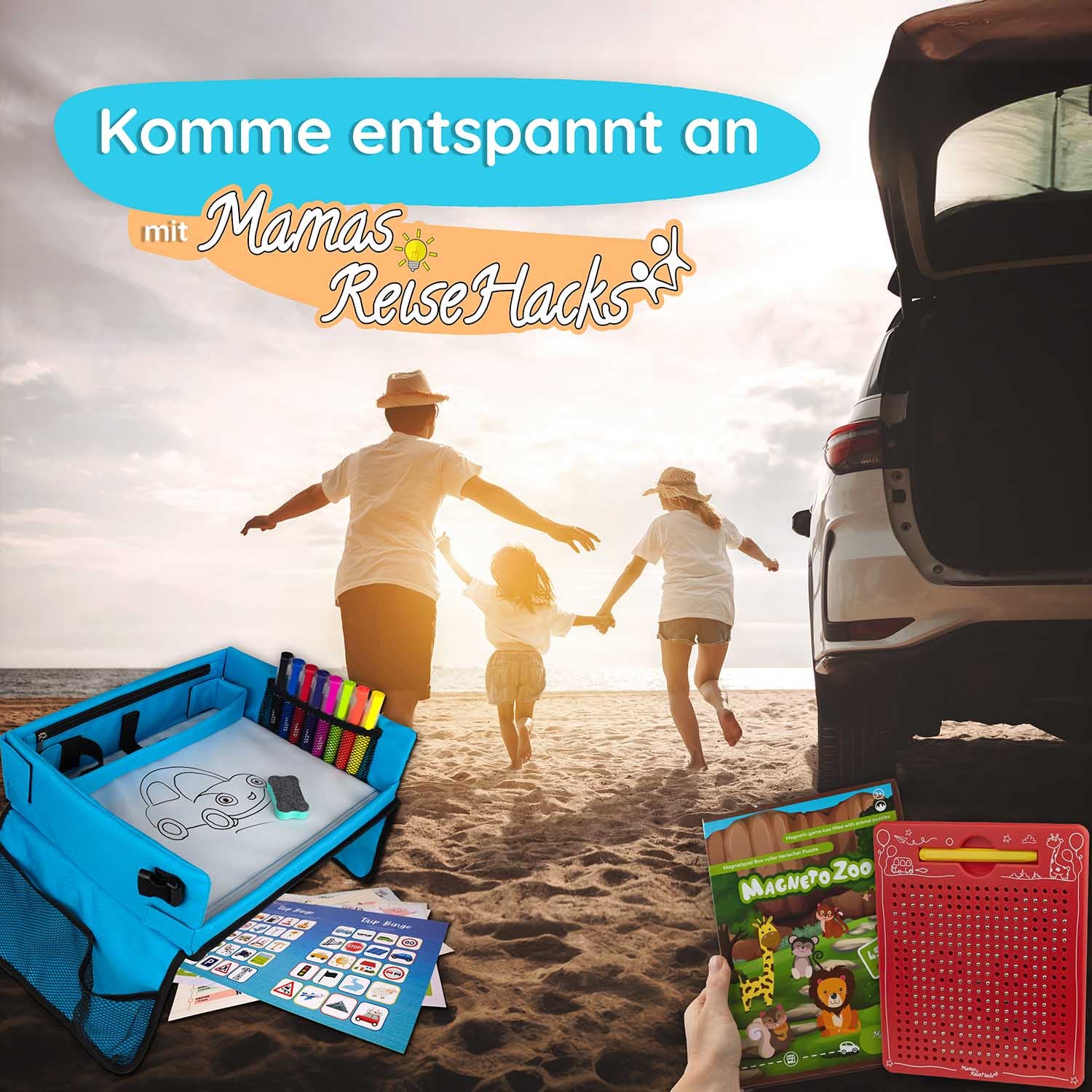 Kinder Reisetisch – Stabiles Knietablett für Auto & Flugzeug mit Tablet-Halterung & Spielvorlagen