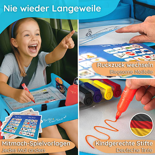 Kinder Reisetisch – Stabiles Knietablett für Auto & Flugzeug mit Tablet-Halterung & Spielvorlagen